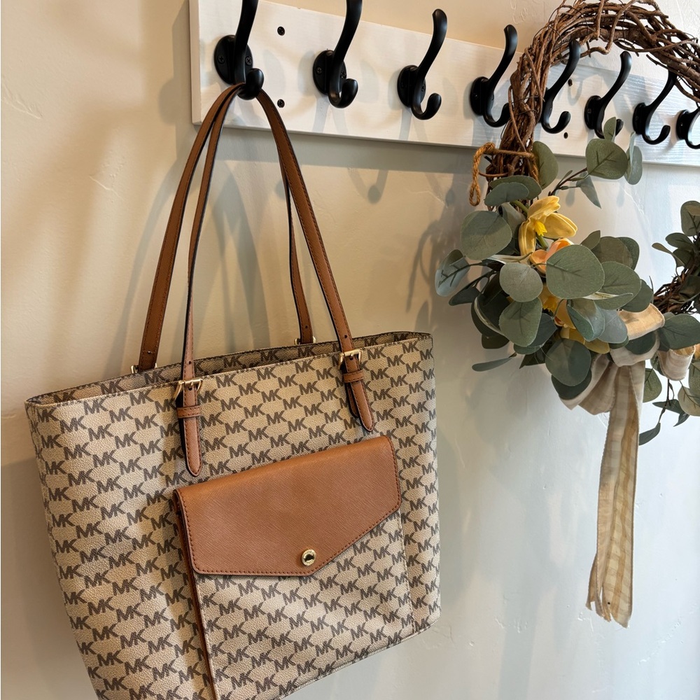 Michael Kors Beige MK Logo Tote with Camel Trim and Front Pocket